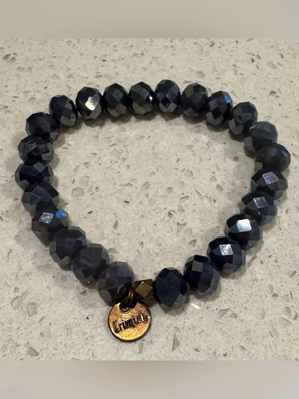 Erimish Dark Gray Faceted Bead Stretch Bracelet with Signature Charm